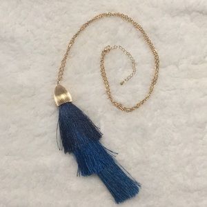 Teal/Blue and Gold Long Tassel Necklace